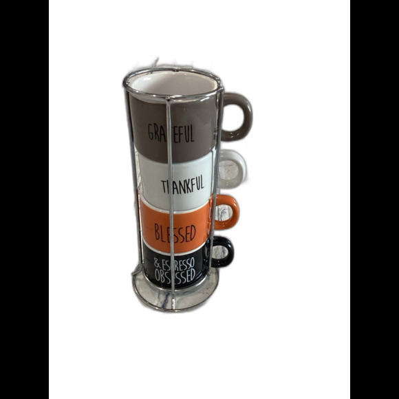 Home Essentials Set of 4 Ceramic Multicolored Espresso Cups with Metal Holder. - Picture 2 of 5